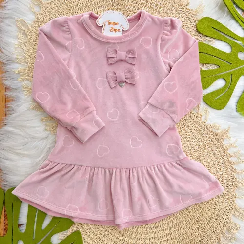 Vestido Manga Longa em Plush Corações e Laços - Rose 