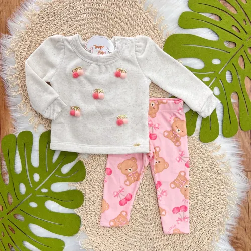 Conj. Casaco de Linho Pompons e Calça Legging em Plush - Areia e Rosa