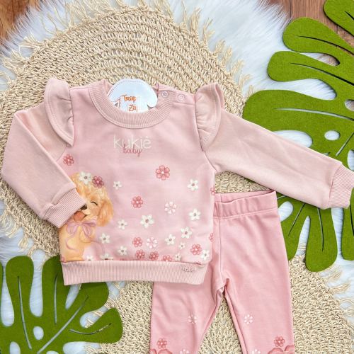 Conj. Casaco de Moletom Doguinha com Flores e Calça Legging - Rose