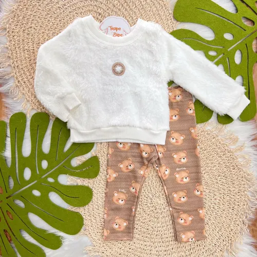 Conj. Casaco Flor Pelo Carneirinho e Calça Legging Ursinhas - Off White e Marrom