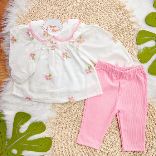 Conj. Batinha Manga Longa Flores Bordadas e Calça Legging - Rosa