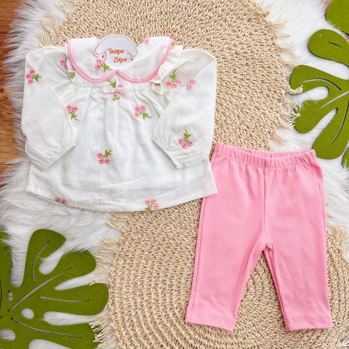 Conj. Batinha Manga Longa Flores Bordadas e Calça Legging - Rosa