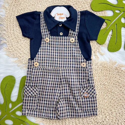 Conj. Camisa e Jardineira Xadrez - Marinho e Areia