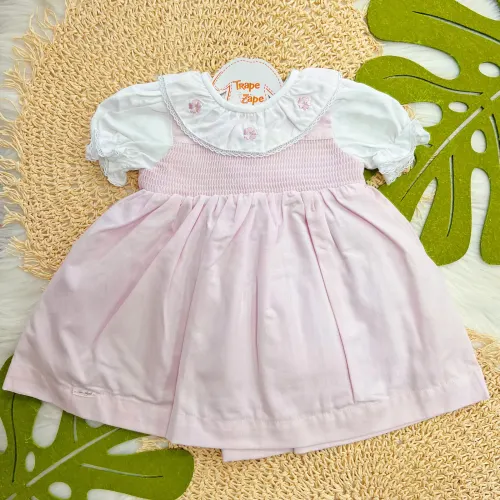 Vestido Manga Curta Gola Bordada 3 Flores - Rosa