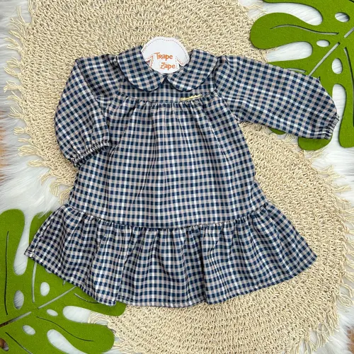 Vestido Xadrez Manga Longa - Bege e Marinho
