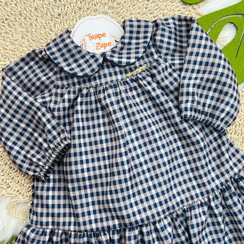 Vestido Xadrez Manga Longa - Bege e Marinho