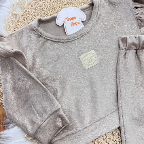 Conj. Blusa Manga Longa e Calça em Plush Foil com Brilhos - Marrom