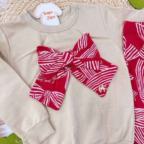  Conj. Casaco de Moletom Laço Vermelho e Calça Legging - Areia
