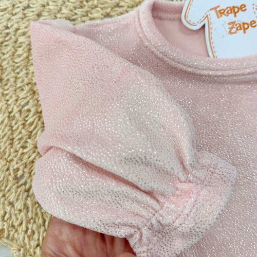 Vestido Manga Longa em Plush Foil com Lacinho e Brilhos - Rose