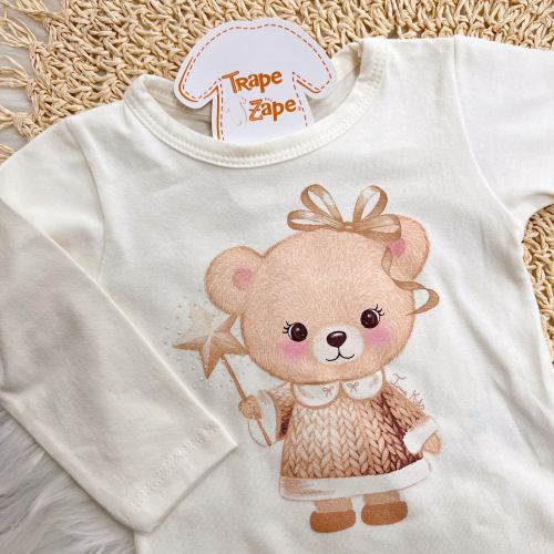 Conj. Body Manga Longa Ursinha, Saia e Faixinha em Plush - Off White