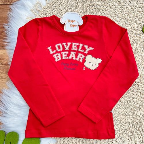 Conj. Blusa Manga Longa Lovely Bear e Short Saia de Moletom - Vermelho e Areia