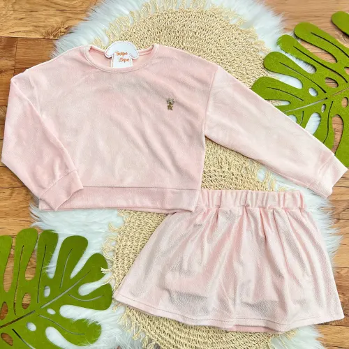 Conj. Casaco e Short Saia em Plush com Glitter - Rosa