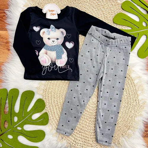  Conj. Blusa Manga Longa Ursinha e Calça Legging Mini Corações - Preto 