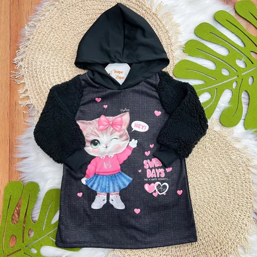 Vestido Manga Longa de Pelinhos com Capuz Sweet Days - Preto