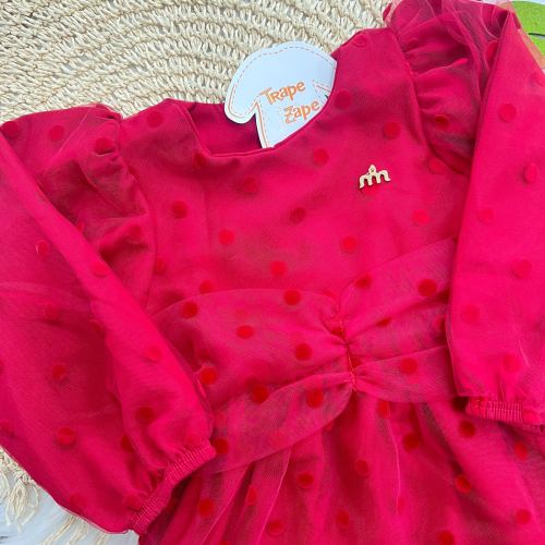 Vestido Manga Longa Tule com Bolinhas - Vermelho