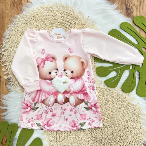 Vestido Manga Longa Ursinhas com Coração de Pelinho - Rosa