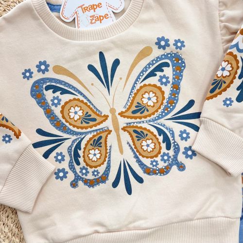 Conj. Casaco de Moletom Borboleta Tropical e Calça Legging - Areia e Azul Jeans