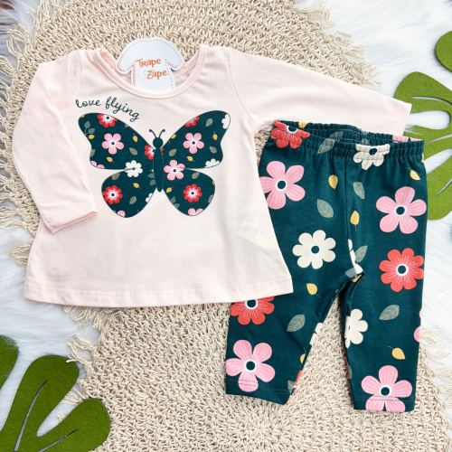 Conj. Blusa Manga Longa Love Flying e Calça Legging Floral - Rose e Verde