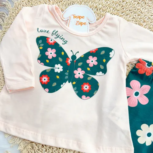 Conj. Blusa Manga Longa Love Flying e Calça Legging Floral - Rose e Verde