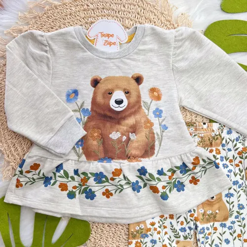 Conj. Blusa Manga Longa Ursa no Jardim e Calça Legging Floral - Mescla