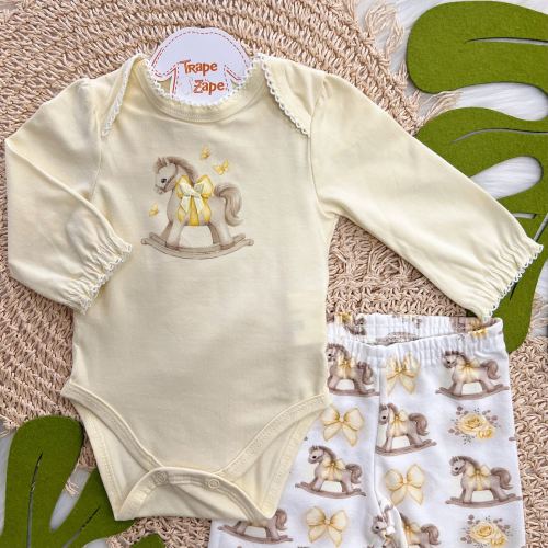 Conj. Body Manga Longa Cavalinho de Brinquedo e Calça Legging - Amarelo