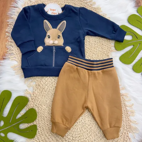 Conj. Casaco Coelhinho e Calça de Moletom - Marinho e Caramelo