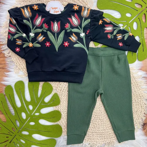  Conj. Casaco de Moletom Rosas Tropicais e Calça Legging - Preto e Verde