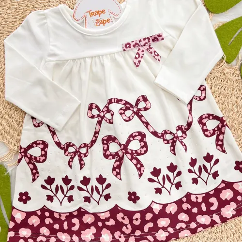  Vestido Manga Longa Lacinhos de Oncinha - Off White e Bordo