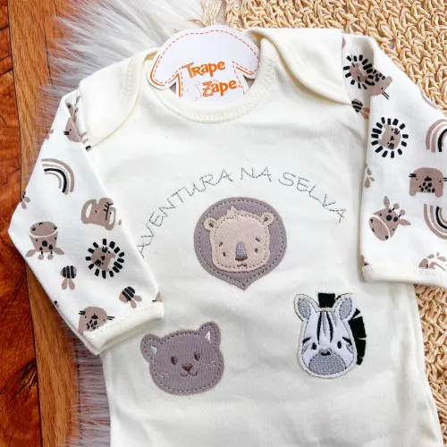  CONJ. DE MALHA 3 PEÇAS - Aventura na Selva - Preto e Off White