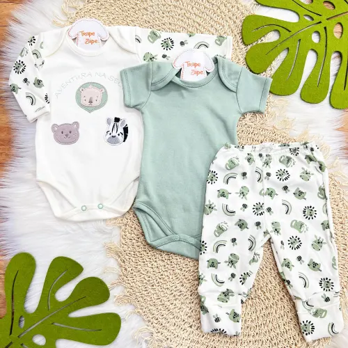  CONJ. DE MALHA 3 PEÇAS - Aventura na Selva - Verde e Off White