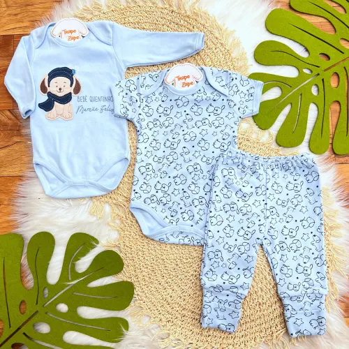  CONJ. DE MALHA 3 PEÇAS - Bebê Quentinho, Mamãe Feliz - Azul Bebê 
