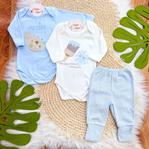 CONJ. DE MALHA 3 PEÇAS - Um Traço Fofinho Virou Estilo - Azul Bebê e Off White