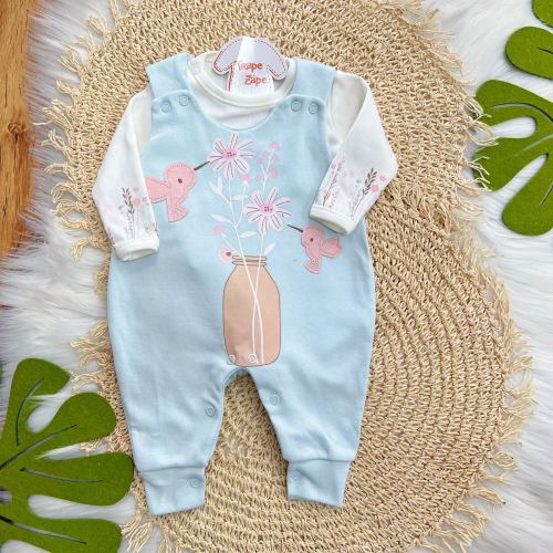 Conj. Body Manga Longa e Jardineira Suedine Passarinhos - Azul Piscina Claro e Off White