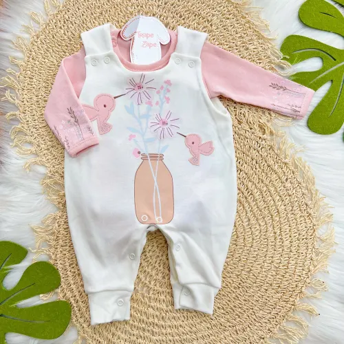 Conj. Body Manga Longa e Jardineira Suedine - Passarinhos - Off White e Rose