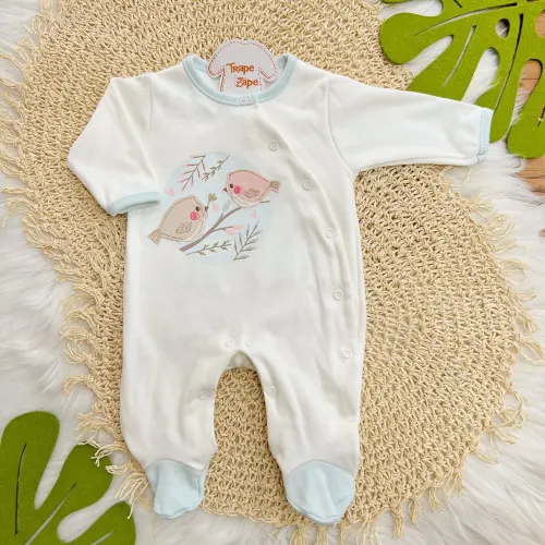 Macacão Malha Trape Zape - Passarinhos - Off White e Azul Bebê