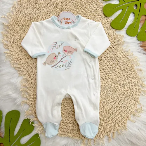 Macacão Malha Trape Zape - Passarinhos - Off White e Azul Bebê