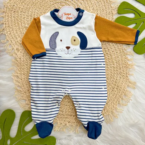 Macacão Trape Zape - Dog com Orelhinha Xadrez - Off White e Ferrugem com Marinho