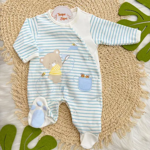  Macacão Trape Zape - Ursinhos com Abelhas - Off White com Listras Azul