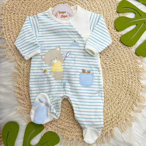 Macacão Trape Zape - Ursinhos com Abelhas - Off White com Listras Azul