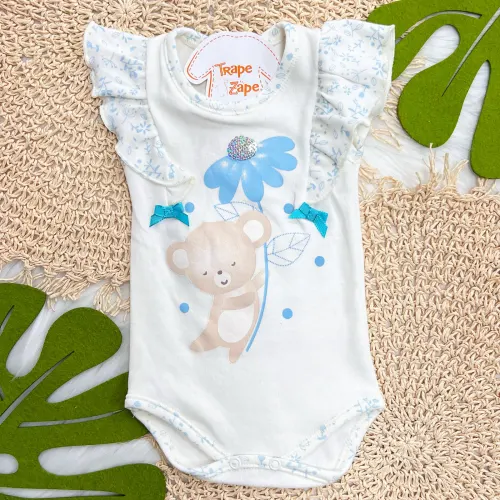 Kit 3 Peças - Bodys Manga Curta Esquilo Flores com Paetê - Off White e Areia