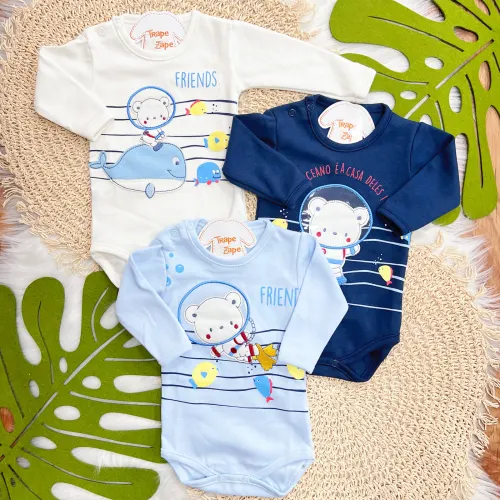 Kit 3 Peças - Bodys Manga Longa Ursinhos Friends - Off White, Marinho e Azul Bebê