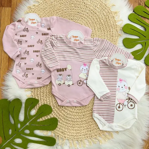 Kit 3 Peças - Bodys Manga Longa Ursinha Baby - Rose e Off White