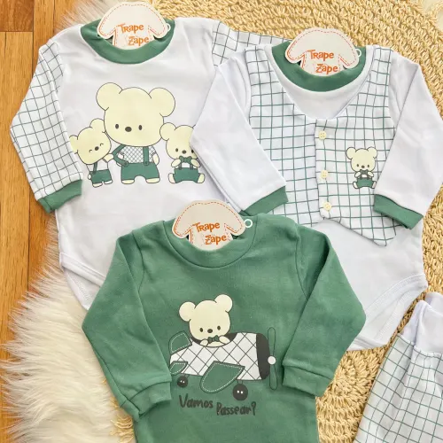 Kit 6 Peças - Ursinhos de Gravatinha - Verde e Branco