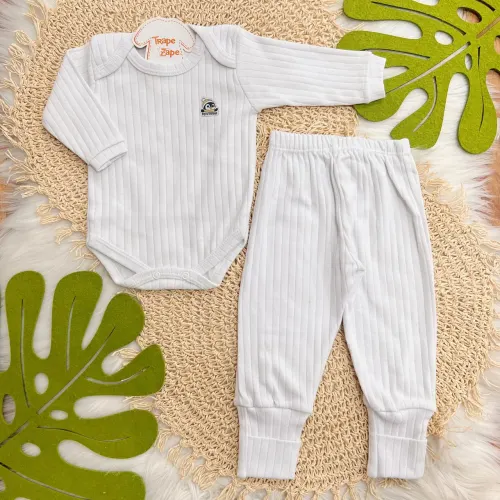 Conj. Body Manga Longa Pinguim e Calça Canelada - Off White