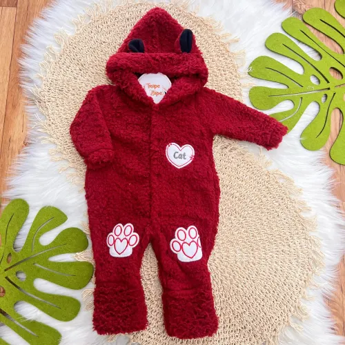 Macacão de Pelinho Sherpa Cat com Capuz - Vermelho