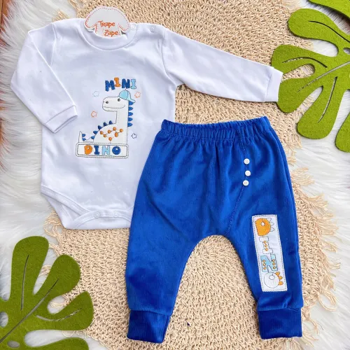 Conj. Body Manga Longa e Calça Saruel em Plush Dino - Off White e Azul Royal