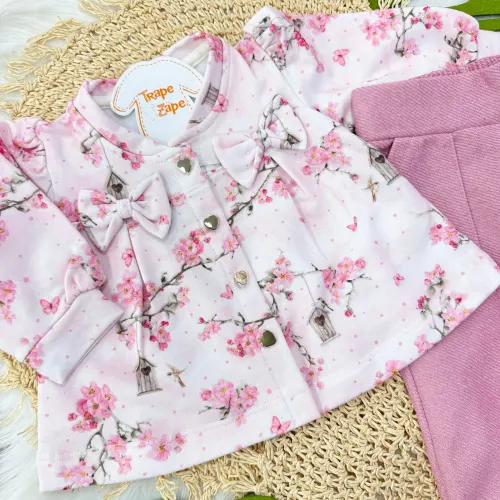  Conj. Casaco Florzinhas com Casinhas de Passarinhos  e Calça de Linho - Rose