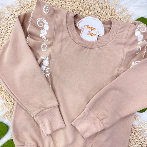 Conj. Blusão com Flores Laterais e Calça de Linho - Areia