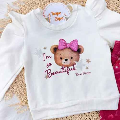  Conj. Blusa Moletom I'm So Beautiful e Calça Ursinhas - Off White Bordo