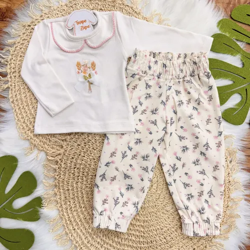 Conj. Blusa em Plush Manga Longa  Florzinhas e Calça - Rosa
